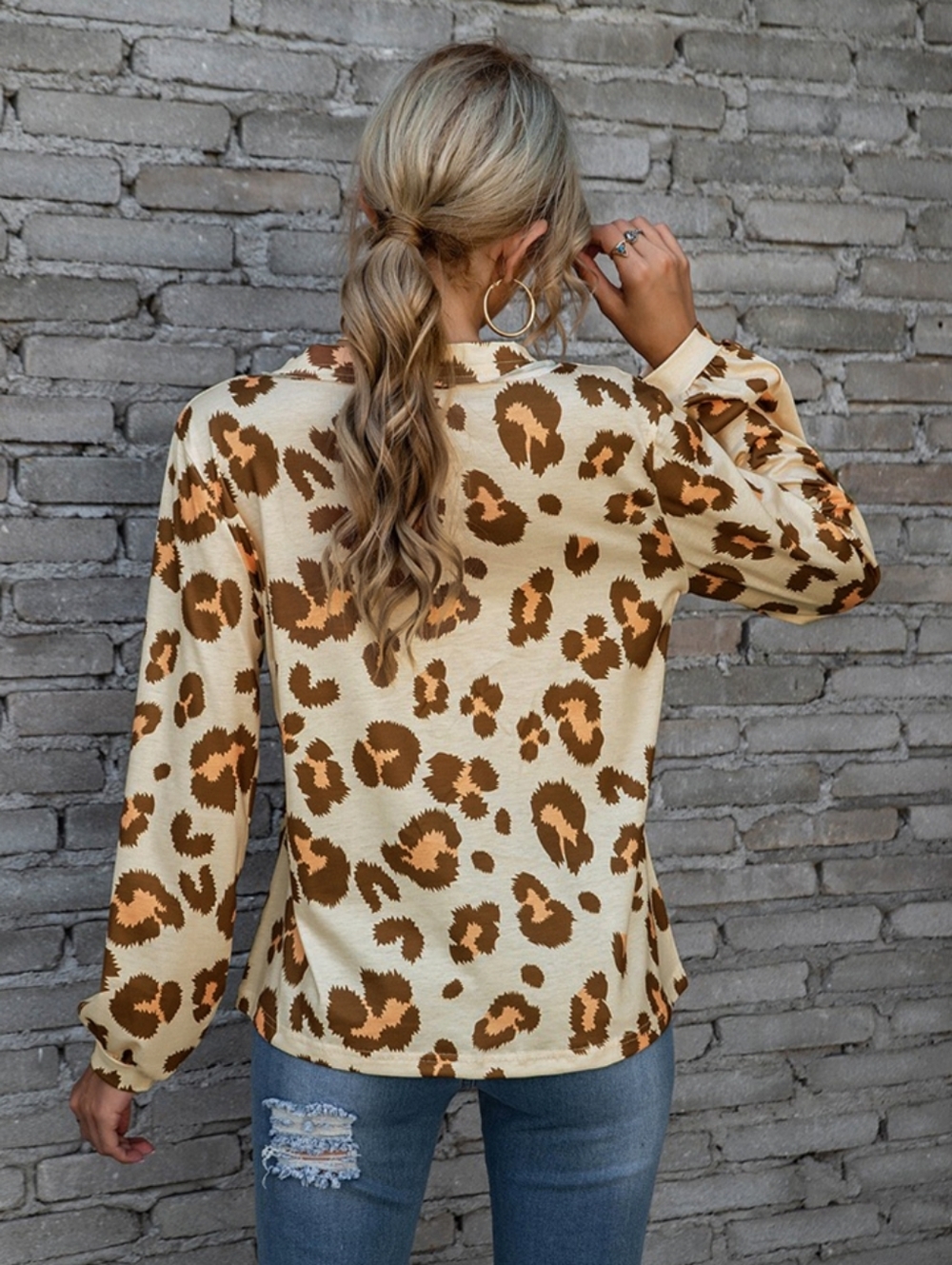 Button-Front V-Neck Leopard Print Blouse in Cream and Brown - Picture 3 of 5